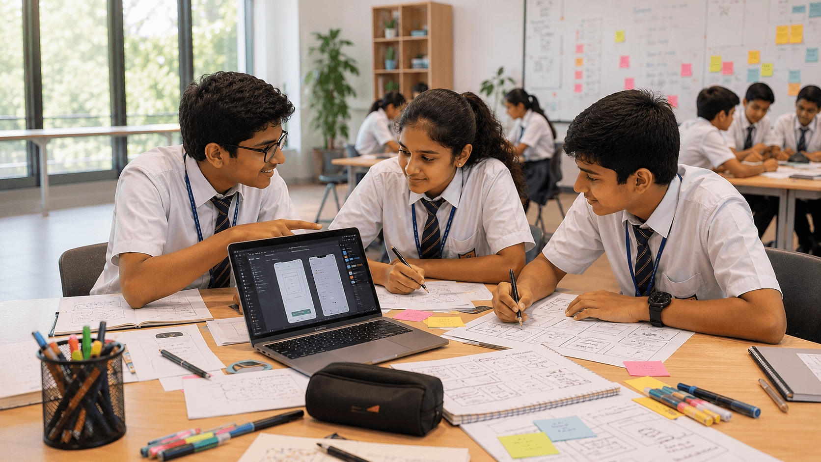 Smiling student sketching designs