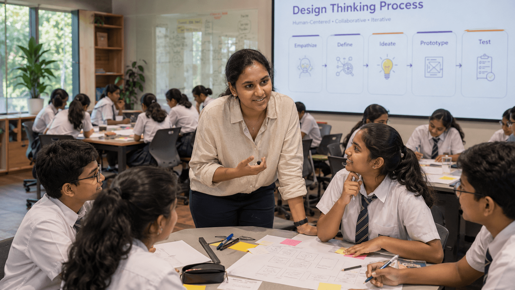 Student discussing designs at table